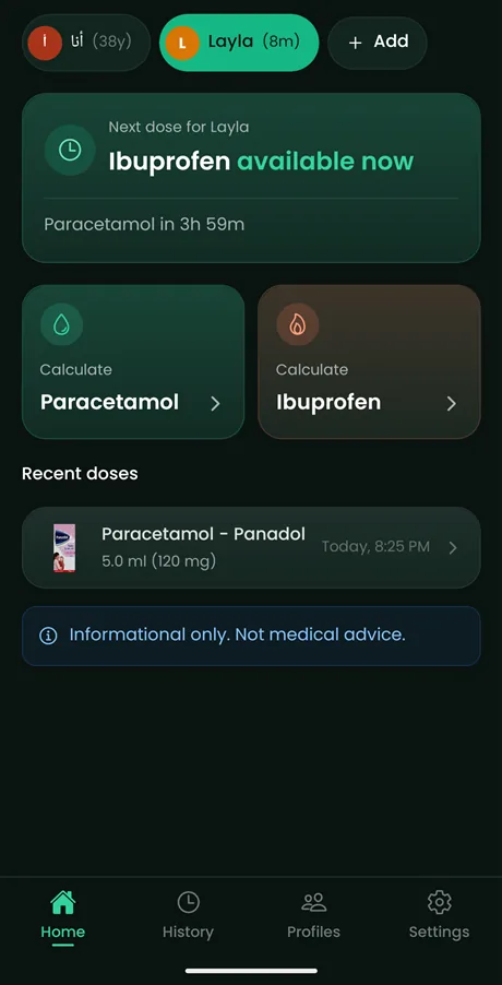 DosiDrop home screen showing the next-dose countdown timer